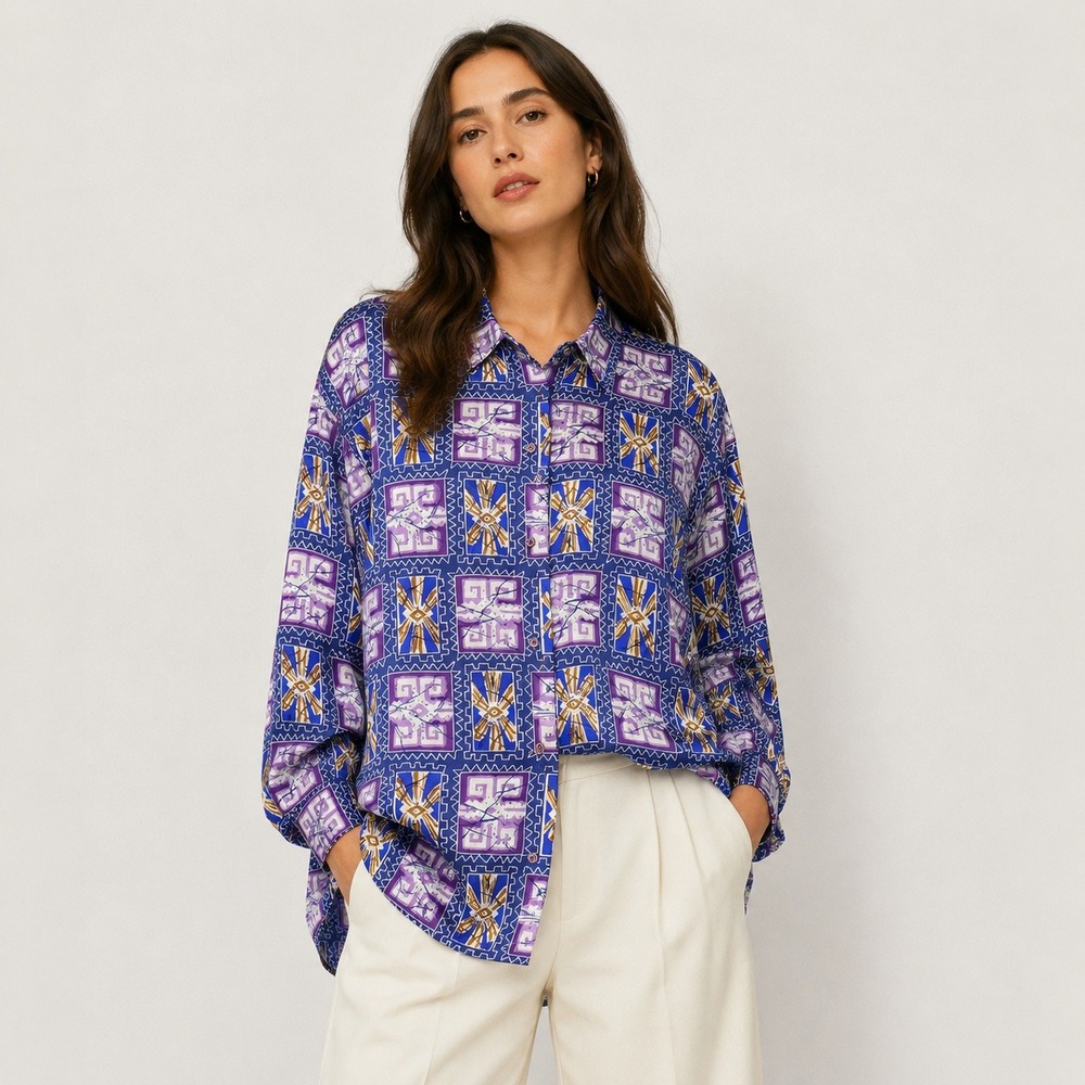 VTG Rusty Top M Blue Purple Geometric Abstract Silk Button Up 90's Boho Relaxed